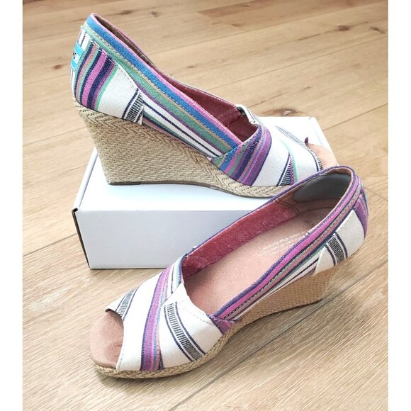 Toms Womens Wedge Sandals Peep Toe Colorful Stripe Espadrille Multicolor Size 8 - Picture 2 of 10